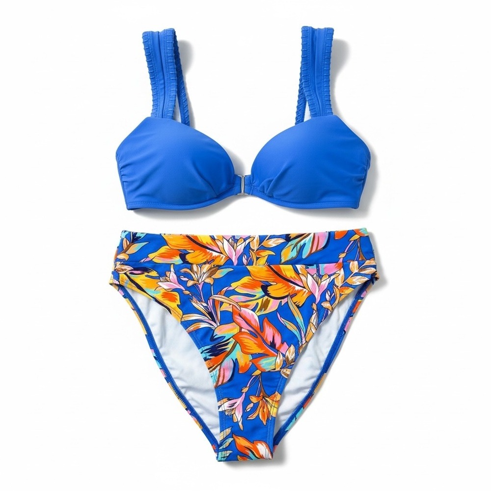Cupshe 2 Piece Bikini Set Royal Blue U-Wire Top Tropical Floral Bottom S NWT